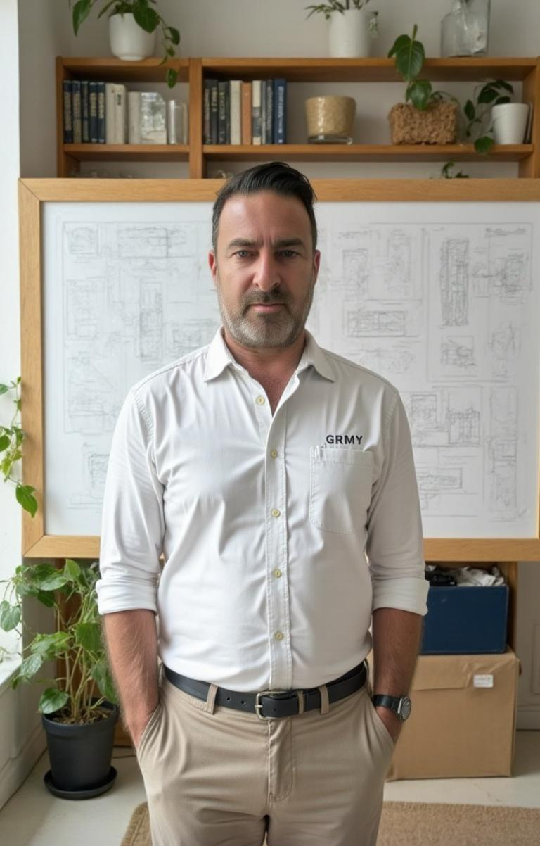 Portrait of a man in a white shirt and khaki pants standing in front of a technical drawing.